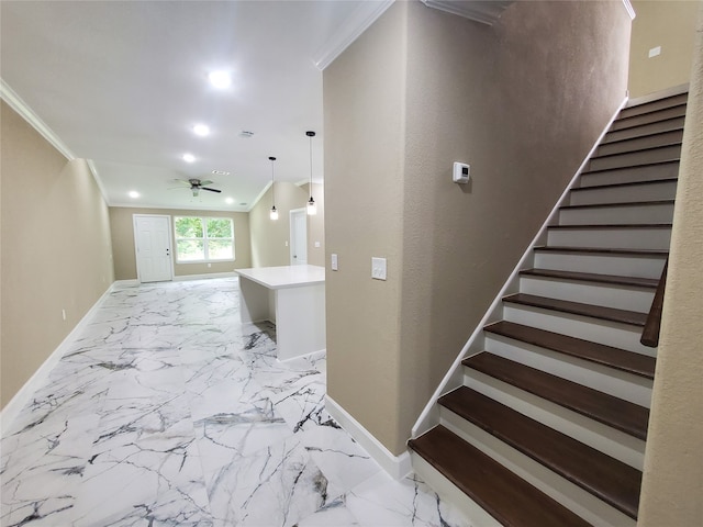 stairway with crown molding, recessed lighting, baseboards, and ceiling fan