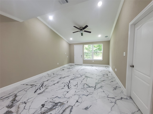 empty room featuring visible vents, ornamental molding, baseboards, and a ceiling fan