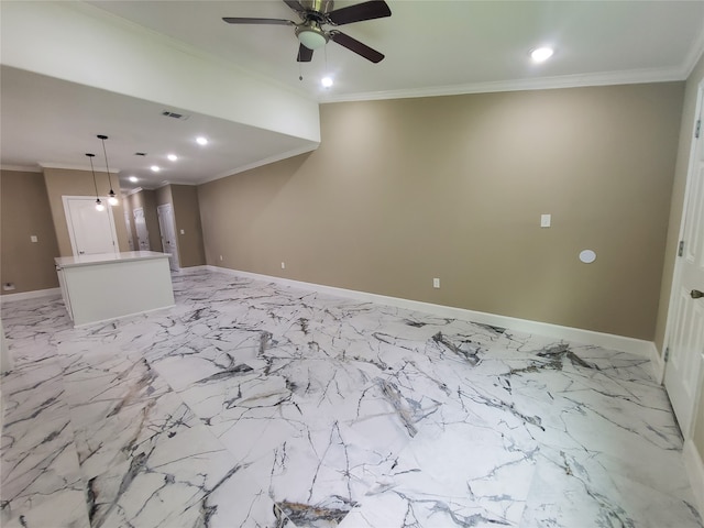 unfurnished living room featuring crown molding, ceiling fan, recessed lighting, and visible vents