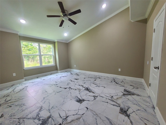 spare room with recessed lighting, crown molding, and ceiling fan