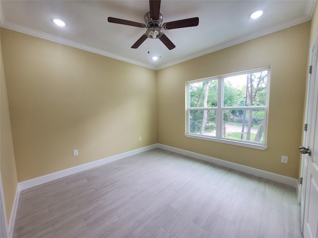 unfurnished room with baseboards, a ceiling fan, light wood-style flooring, and recessed lighting