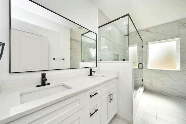 600 Rd 5105, Cleveland, TX 77327 - full bathroom featuring double vanity, recessed lighting, a marble finish shower, and a sink