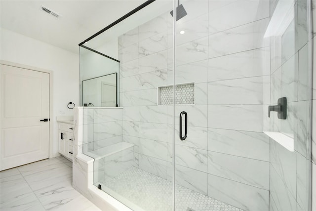600 Rd 5105, Cleveland, TX 77327 - full bathroom with visible vents, marble finish floor, a stall shower, and vanity
