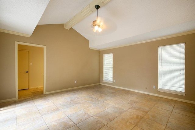 empty room featuring a ceiling fan, baseboards, lofted ceiling with beams, and ornamental molding