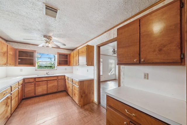 8152 Lenore St, Houston, TX 77017 - kitchen with visible vents, a sink, a textured ceiling, and ceiling fan