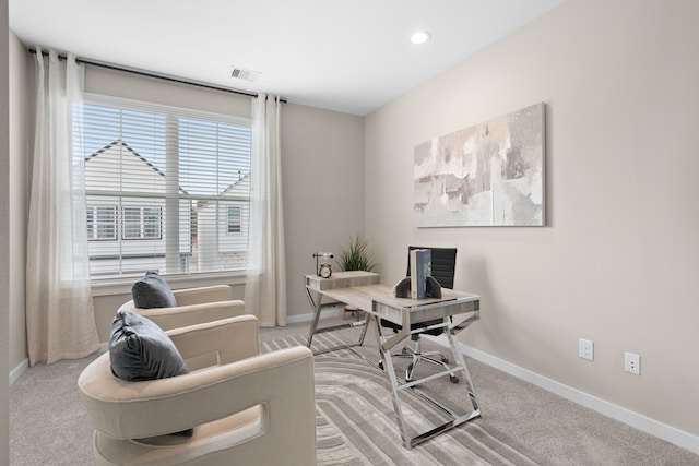 carpeted office featuring recessed lighting, baseboards, and visible vents