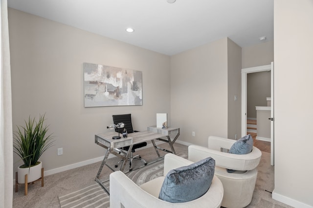 office with recessed lighting, baseboards, and light colored carpet