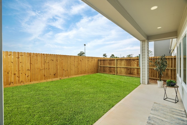 view of yard with a patio and a fenced backyard