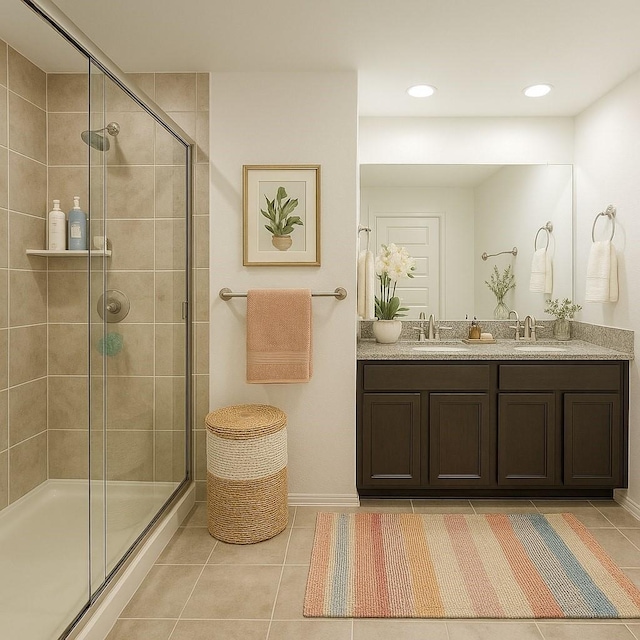 full bathroom with double vanity, a sink, tile patterned flooring, and a stall shower