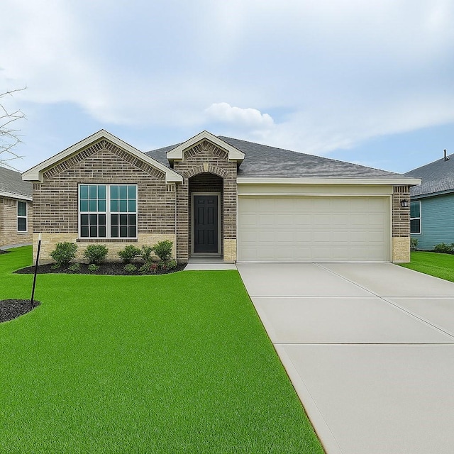 single story home featuring an attached garage, concrete driveway, a front lawn, and brick siding