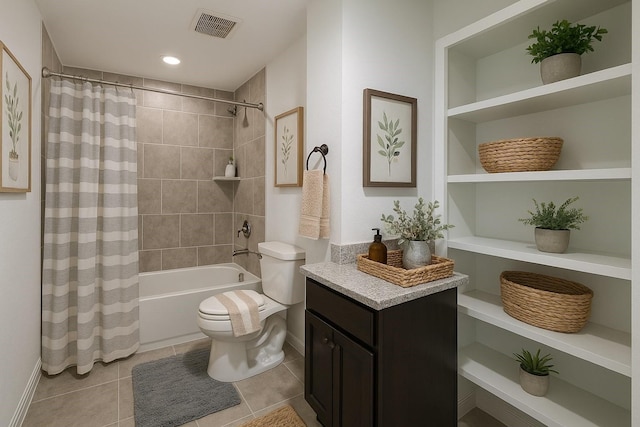 full bathroom with visible vents, shower / tub combo, tile patterned floors, baseboards, and toilet