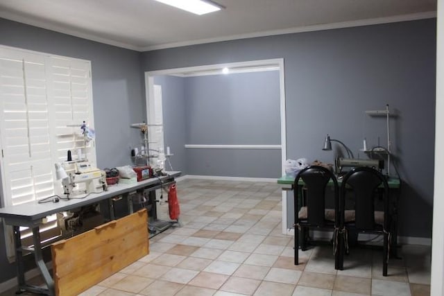 9222 Chesney Downs Dr, Houston, TX 77083 - kitchen with ornamental molding, light tile patterned floors, and baseboards