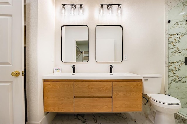 full bathroom featuring double vanity, walk in shower, a sink, toilet, and marble finish floor