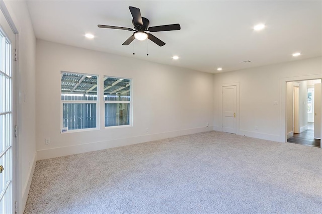 unfurnished room featuring recessed lighting, carpet flooring, and ceiling fan
