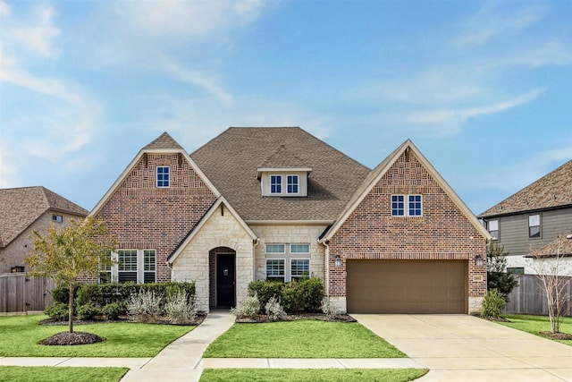 2802 Tarragon Crest Dr, Katy, TX 77494 - tudor-style house with stone siding, concrete driveway, an attached garage, a shingled roof, and brick siding