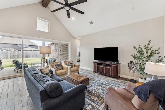 2802 Tarragon Crest Dr, Katy, TX 77494 - living area featuring high vaulted ceiling, ceiling fan, beam ceiling, baseboards, and light wood-type flooring