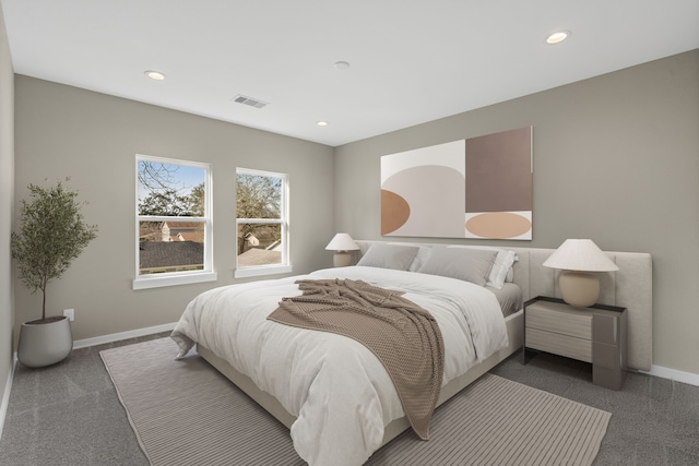 bedroom featuring visible vents, recessed lighting, and baseboards