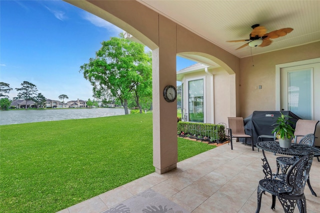 6119 Lofty Ln, Spring, TX 77379 - view of patio featuring a ceiling fan, a water view, and a grill