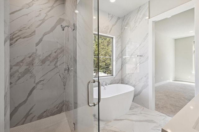 540 Janisch Rd Unit F, Houston, TX 77018 - bathroom with a freestanding bath, a marble finish shower, and marble finish floor