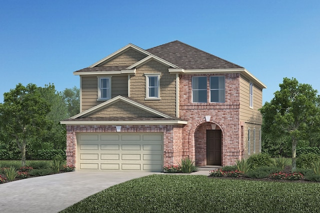view of front facade with a front lawn, brick siding, a shingled roof, an attached garage, and driveway