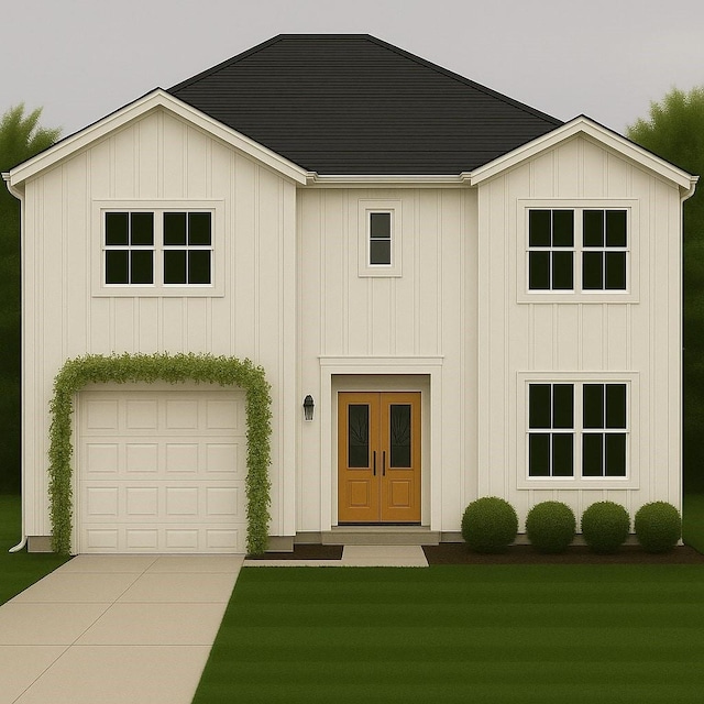 modern farmhouse featuring a garage, board and batten siding, concrete driveway, and a front lawn