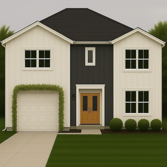modern inspired farmhouse with a garage, board and batten siding, a front yard, and concrete driveway