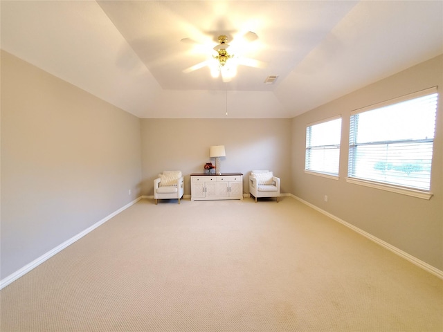 5439 Emerald Pointe Ln, Sugar Land, TX 77479 - unfurnished room featuring light colored carpet, ceiling fan, lofted ceiling, and visible vents