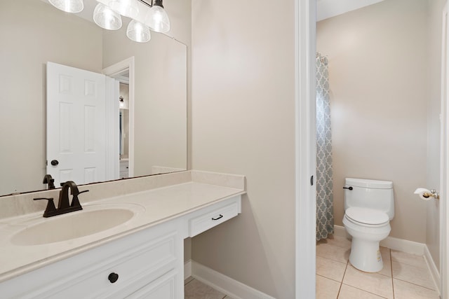 full bath featuring tile patterned flooring, baseboards, toilet, and vanity