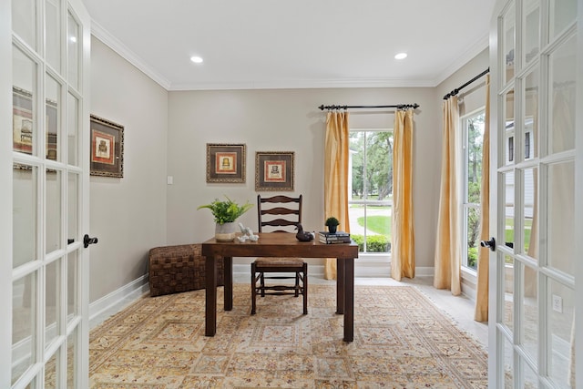 office area with recessed lighting, baseboards, ornamental molding, and french doors