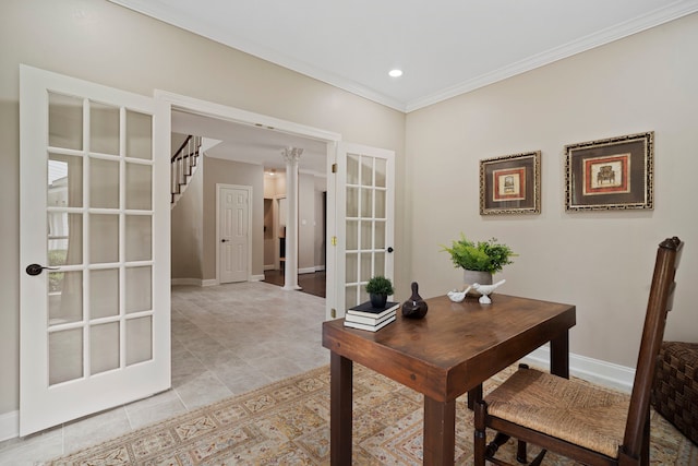 home office with crown molding, decorative columns, light tile patterned flooring, baseboards, and french doors