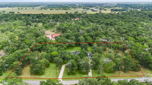 drone / aerial view featuring a forest view