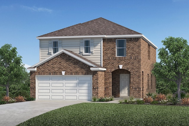 traditional home featuring roof with shingles, a front yard, driveway, and brick siding