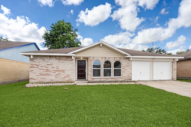 single story home with an attached garage, driveway, a front lawn, and brick siding