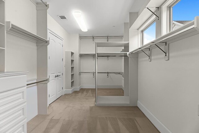 walk in closet featuring light colored carpet