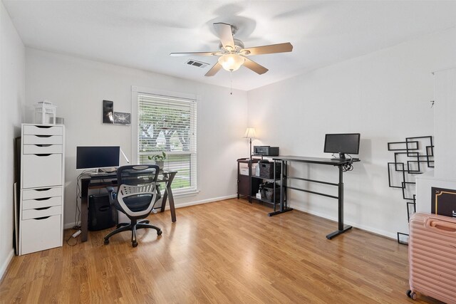 office area with ceiling fan, visible vents, baseboards, and light wood finished floors