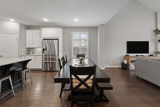 dining space with recessed lighting, baseboards, and dark wood-style floors