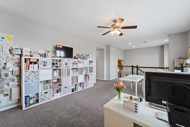 office space with baseboards, a ceiling fan, carpet, and recessed lighting