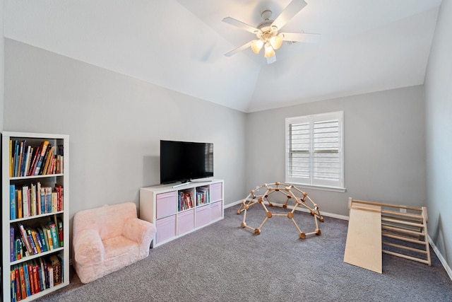 game room featuring carpet flooring, a ceiling fan, baseboards, and lofted ceiling