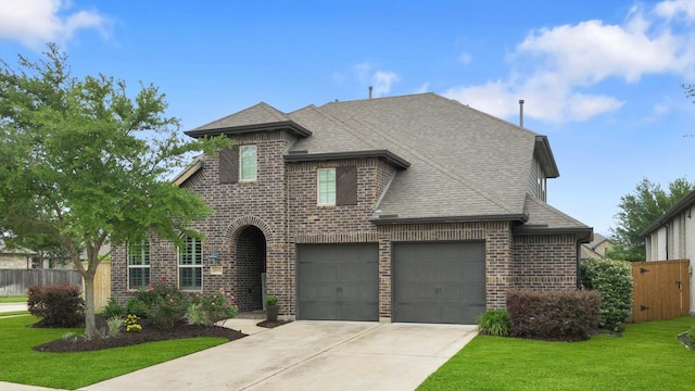 view of front of property with a shingled roof, driveway, a front lawn, and brick siding