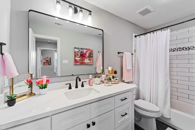 full bath featuring visible vents, shower / bathtub combination with curtain, toilet, and vanity