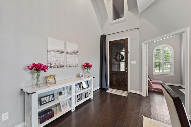 entrance foyer featuring baseboards, dark wood-style floors, and high vaulted ceiling
