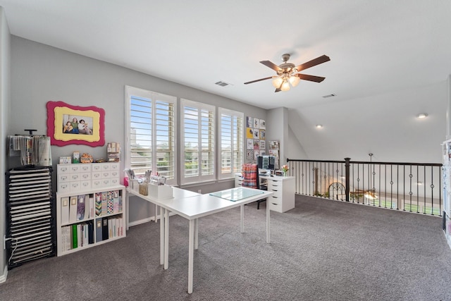 game room with carpet flooring, a ceiling fan, visible vents, and lofted ceiling