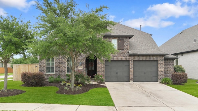 view of front of house featuring a front yard, brick siding, a shingled roof, concrete driveway, and an attached garage