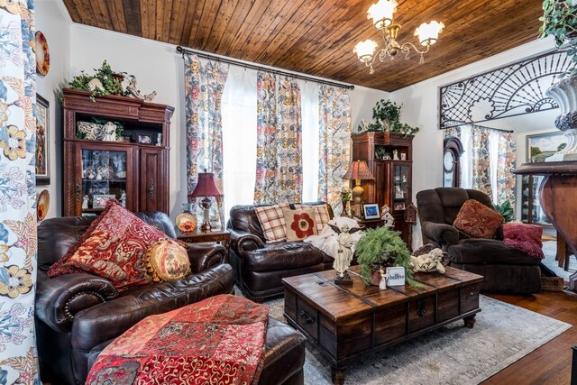 living area with a chandelier, wooden ceiling, wood finished floors, and plenty of natural light