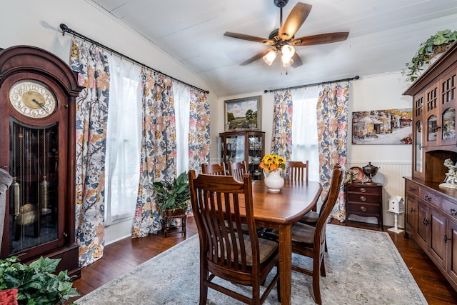 dining space with dark wood-style flooring, a ceiling fan, and plenty of natural light