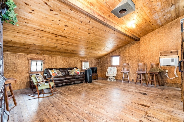living room with wood ceiling, vaulted ceiling with beams, and hardwood / wood-style floors