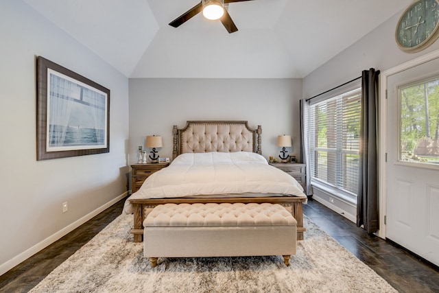 bedroom featuring baseboards, access to outside, a ceiling fan, and vaulted ceiling