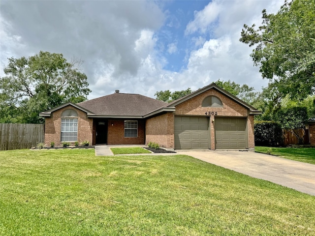 single story home with driveway, a front yard, brick siding, fence, and an attached garage