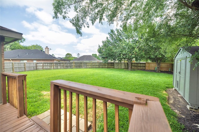 view of yard featuring an outdoor structure, a deck, a fenced backyard, and a shed