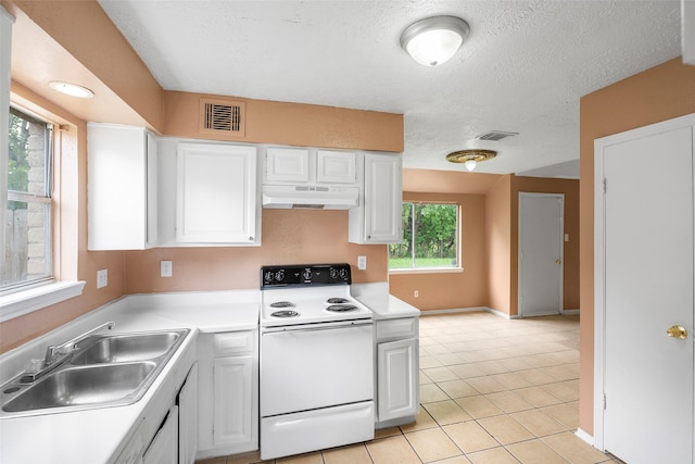 4027 Brookhead Trl, Houston, TX 77066 - kitchen featuring visible vents, a sink, white cabinetry, under cabinet range hood, and electric stove